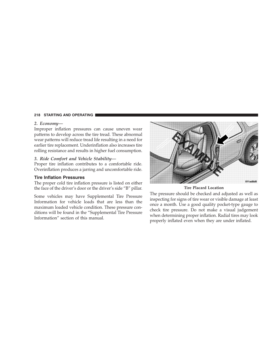 Tire inflation pressures | Dodge 2006 Charger SRT8 User Manual | Page 218 / 336