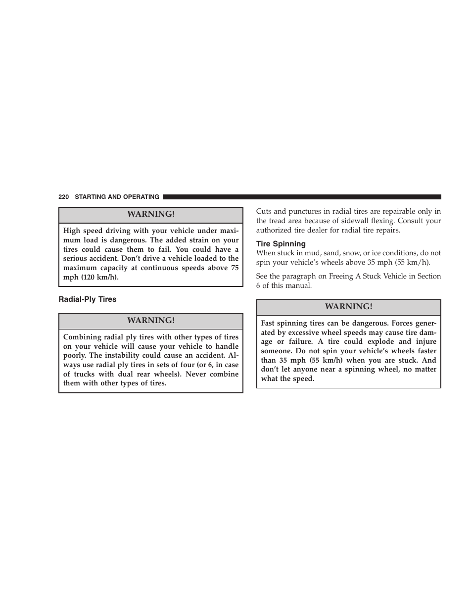 Radial-ply tires, Tire spinning | Dodge 2006 Charger SRT8 User Manual | Page 220 / 336