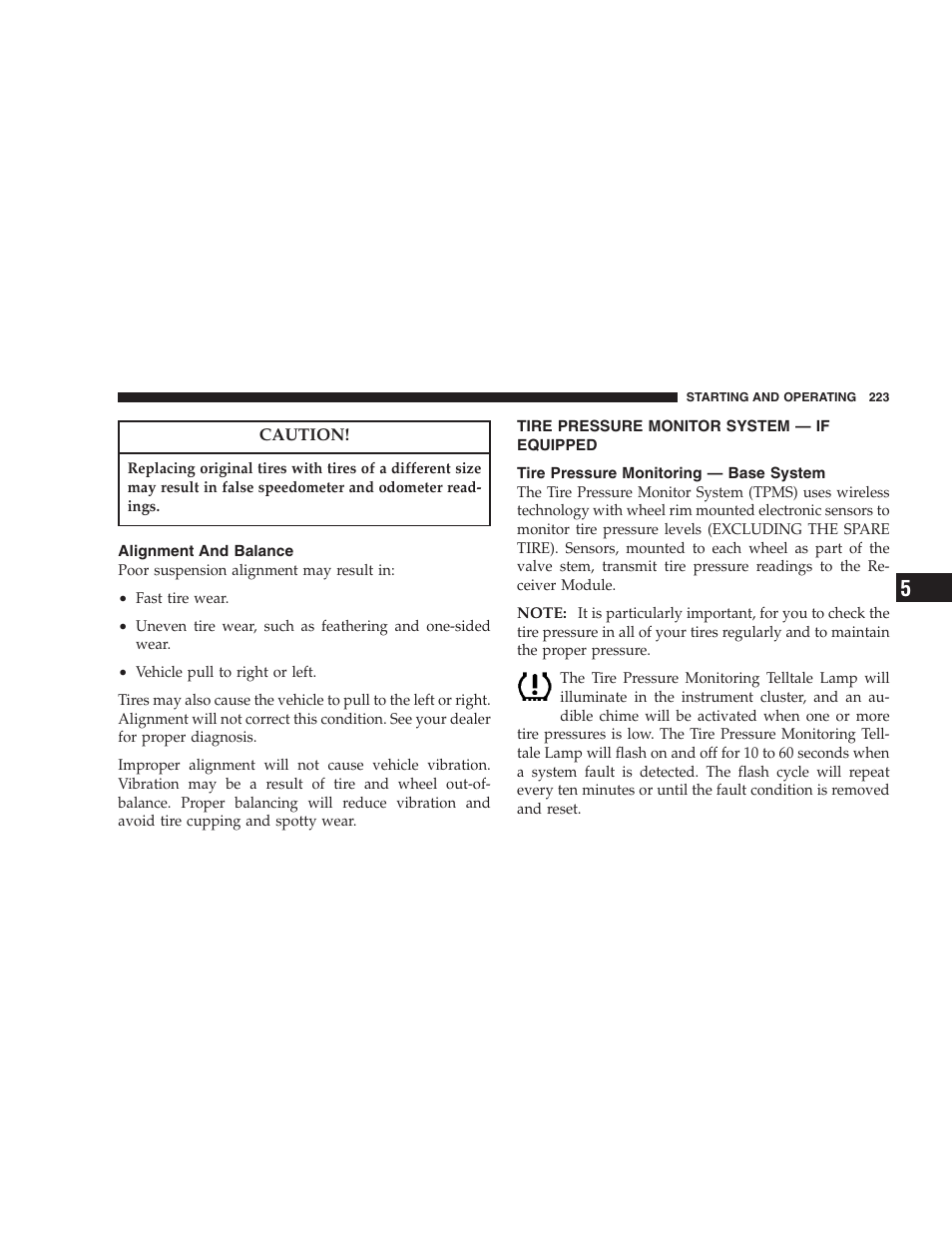 Alignment and balance, Tire pressure monitor system, If equipped | Tire pressure monitoring — base system | Dodge 2006 Charger SRT8 User Manual | Page 223 / 336