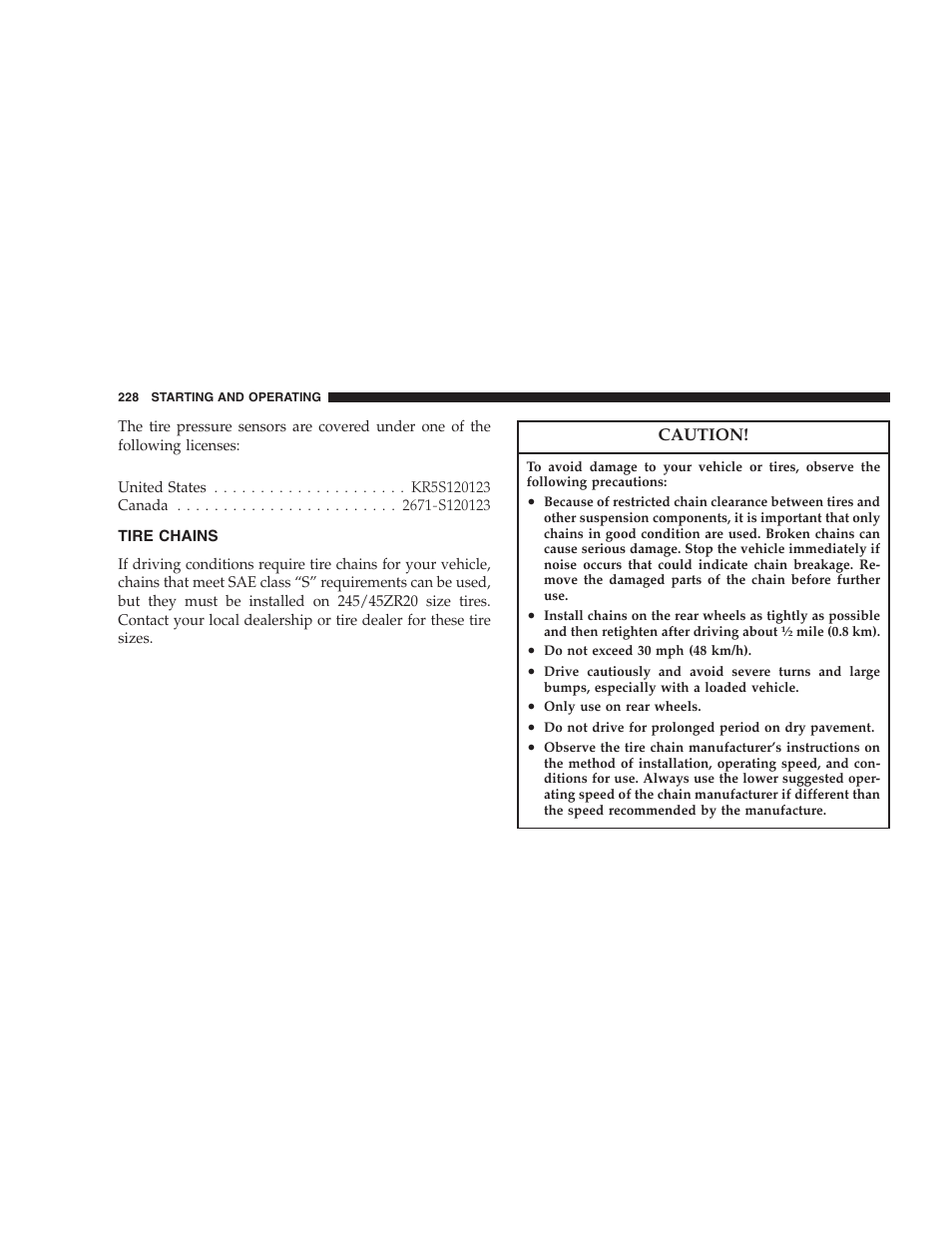 Tire chains, Caution | Dodge 2006 Charger SRT8 User Manual | Page 228 / 336