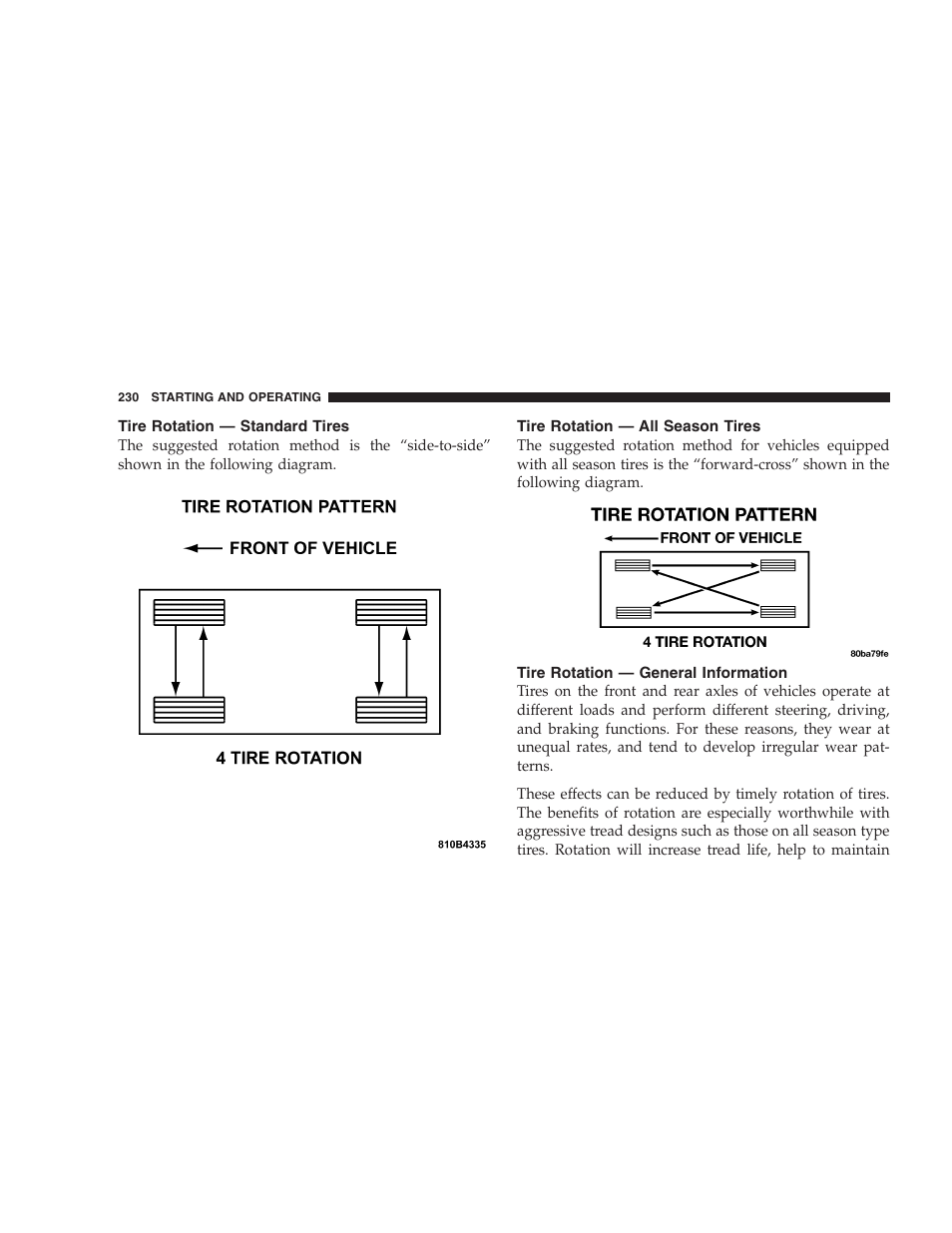 Tire rotation — standard tires, Tire rotation — all season tires, Tire rotation — general information | Dodge 2006 Charger SRT8 User Manual | Page 230 / 336