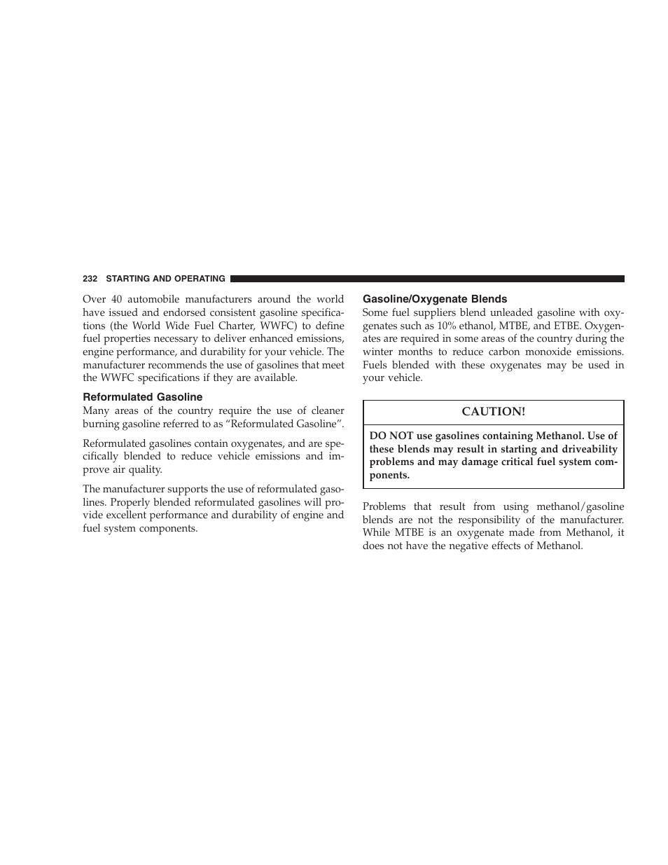 Reformulated gasoline, Gasoline/oxygenate blends | Dodge 2006 Charger SRT8 User Manual | Page 232 / 336