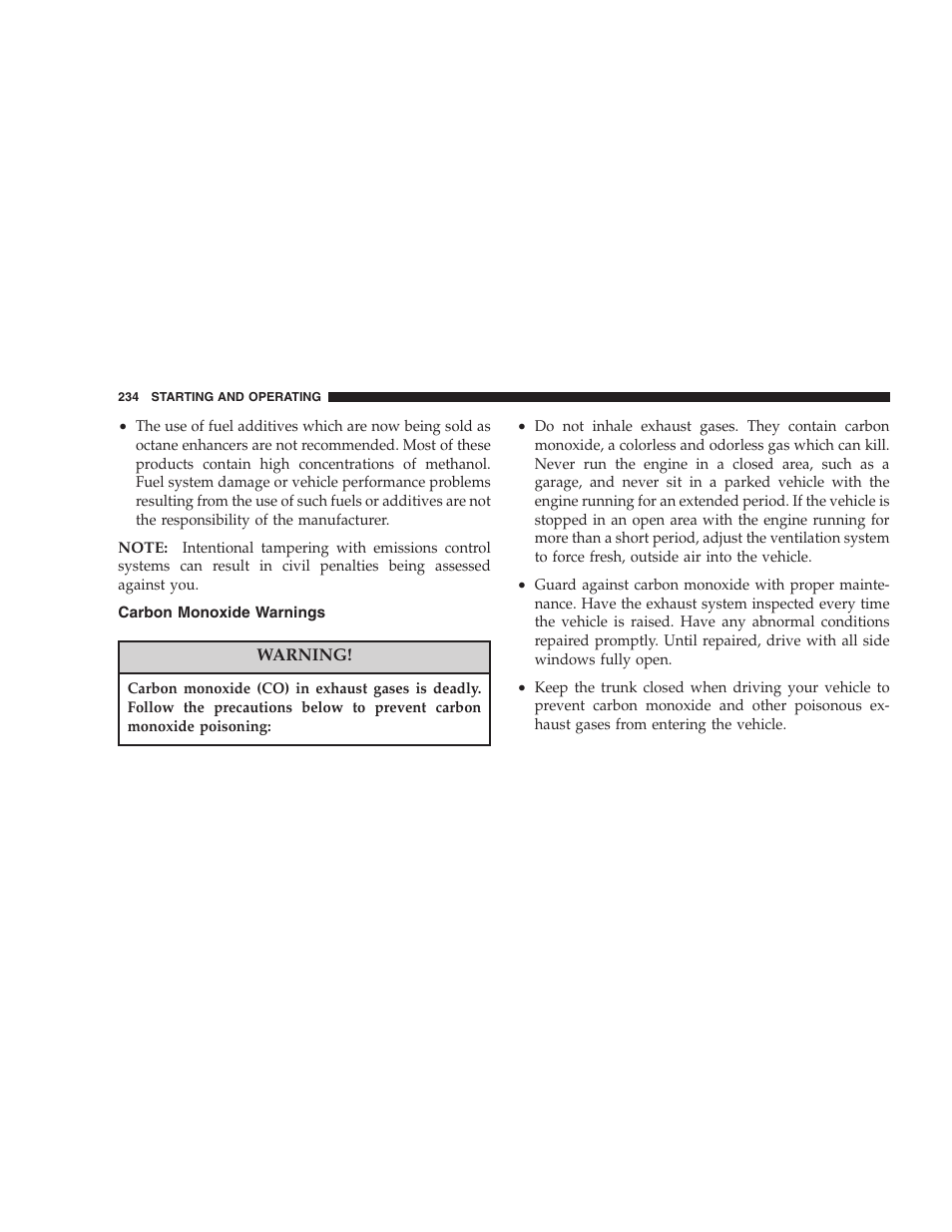 Carbon monoxide warnings | Dodge 2006 Charger SRT8 User Manual | Page 234 / 336