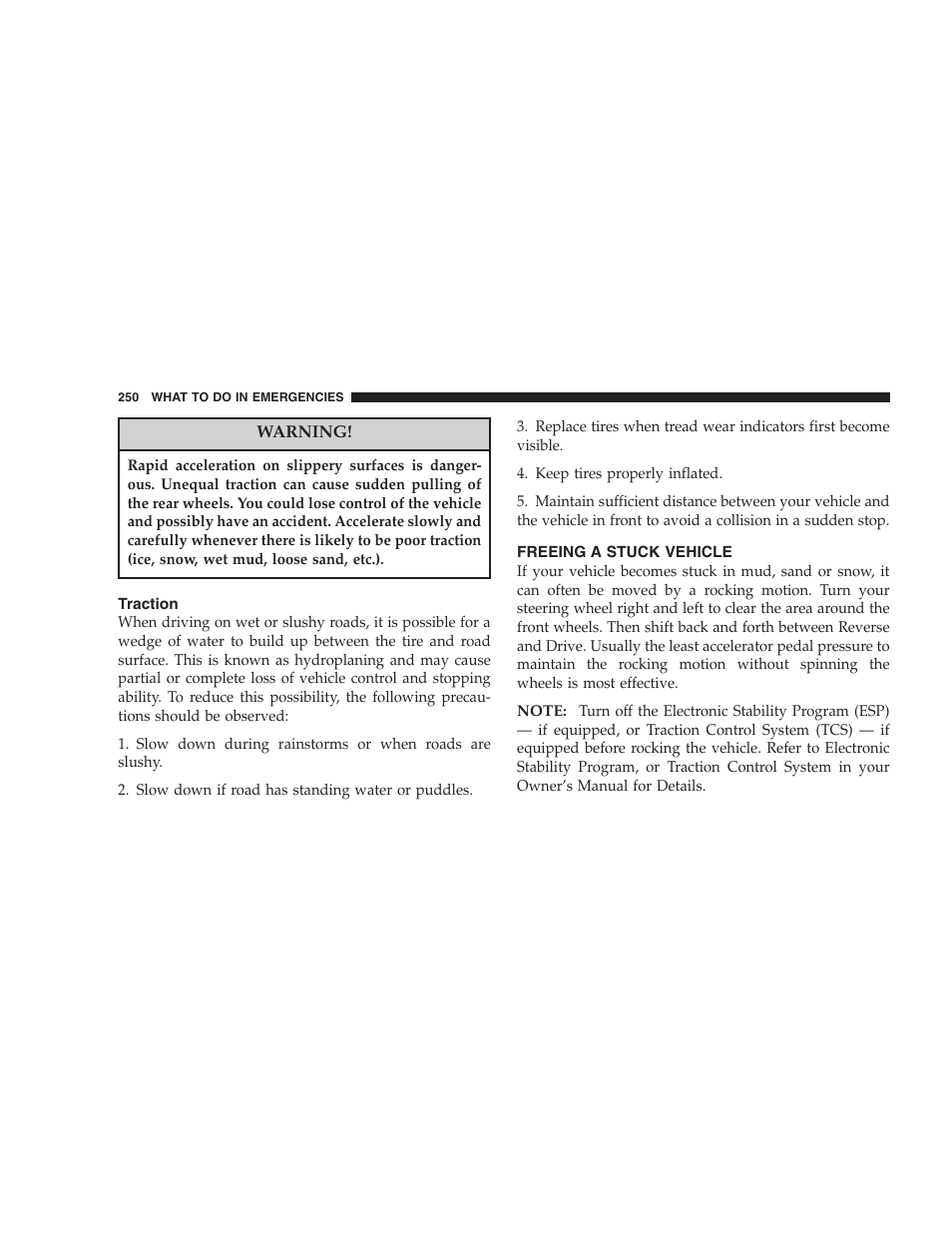 Traction, Freeing a stuck vehicle | Dodge 2006 Charger SRT8 User Manual | Page 250 / 336