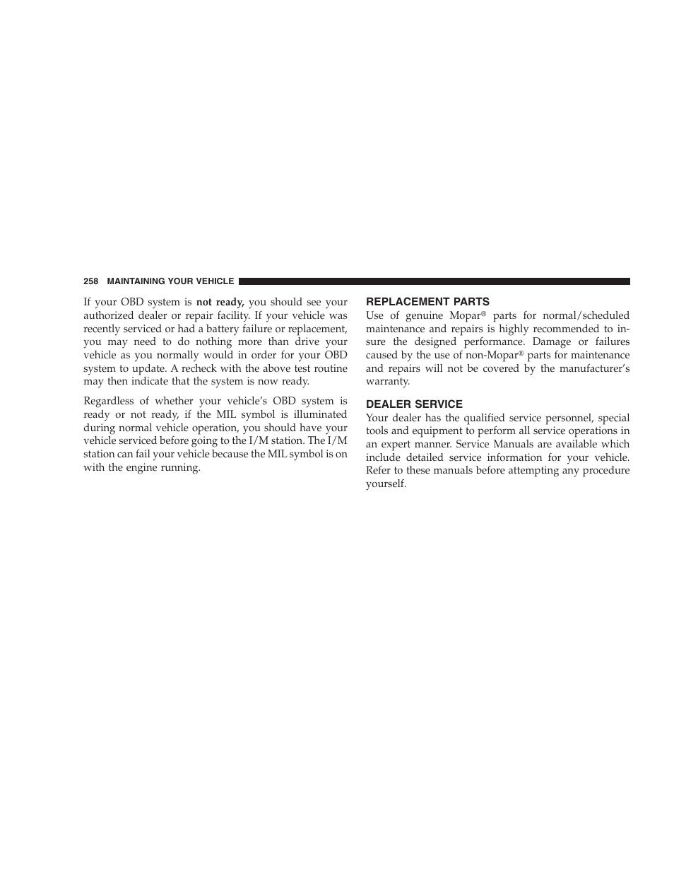 Replacement parts, Dealer service | Dodge 2006 Charger SRT8 User Manual | Page 258 / 336