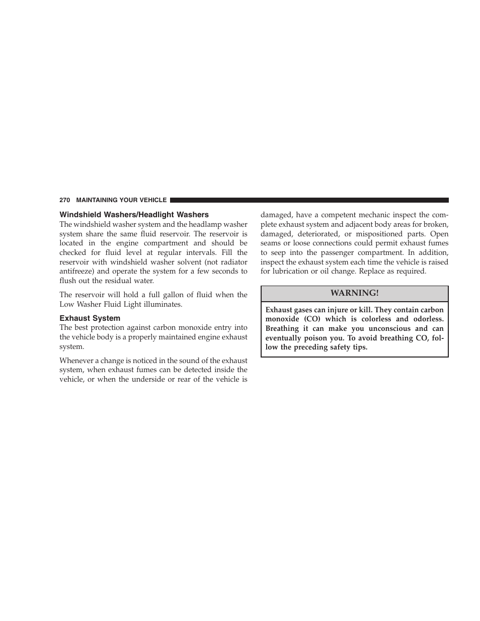 Windshield washers/headlight washers, Exhaust system | Dodge 2006 Charger SRT8 User Manual | Page 270 / 336