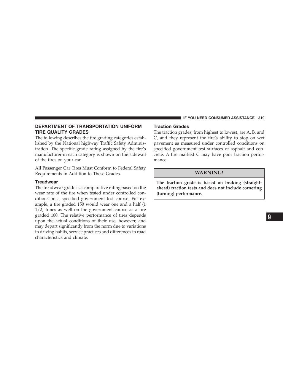 Department of transportation uniform tire, Quality grades, Treadwear | Traction grades | Dodge 2006 Charger SRT8 User Manual | Page 319 / 336