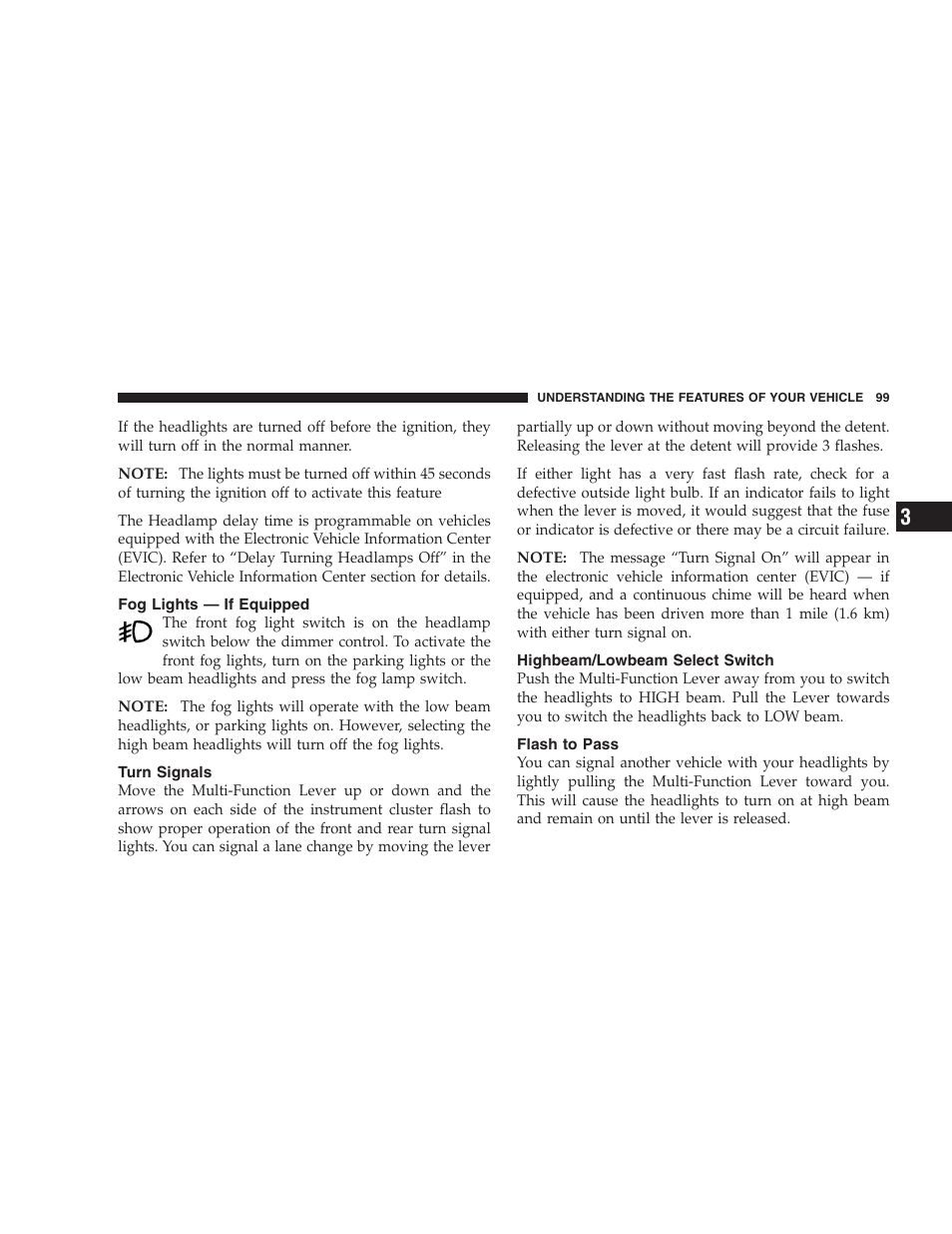 Fog lights — if equipped, Turn signals, Highbeam/lowbeam select switch | Flash to pass | Dodge 2006 Charger SRT8 User Manual | Page 99 / 336