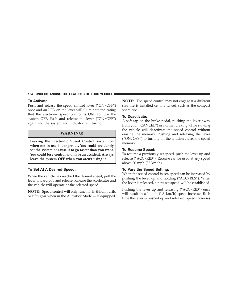 To activate, To set at a desired speed, To deactivate | To resume speed, To vary the speed setting | Dodge 2005 LX Magnum User Manual | Page 104 / 368