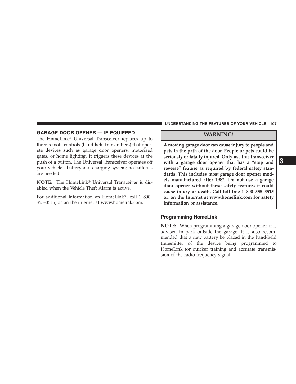 Garage door opener — if equipped, Programming homelink | Dodge 2005 LX Magnum User Manual | Page 107 / 368