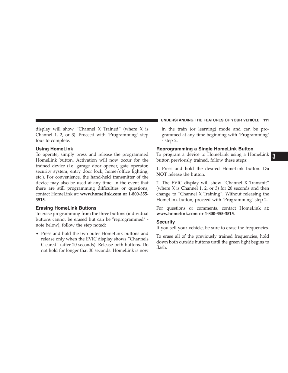Using homelink, Erasing homelink buttons, Reprogramming a single homelink button | Security | Dodge 2005 LX Magnum User Manual | Page 111 / 368