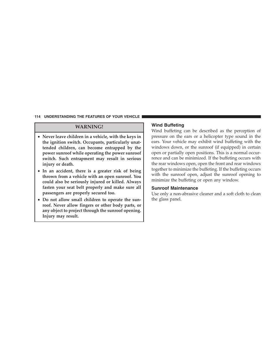 Wind buffeting, Sunroof maintenance | Dodge 2005 LX Magnum User Manual | Page 114 / 368