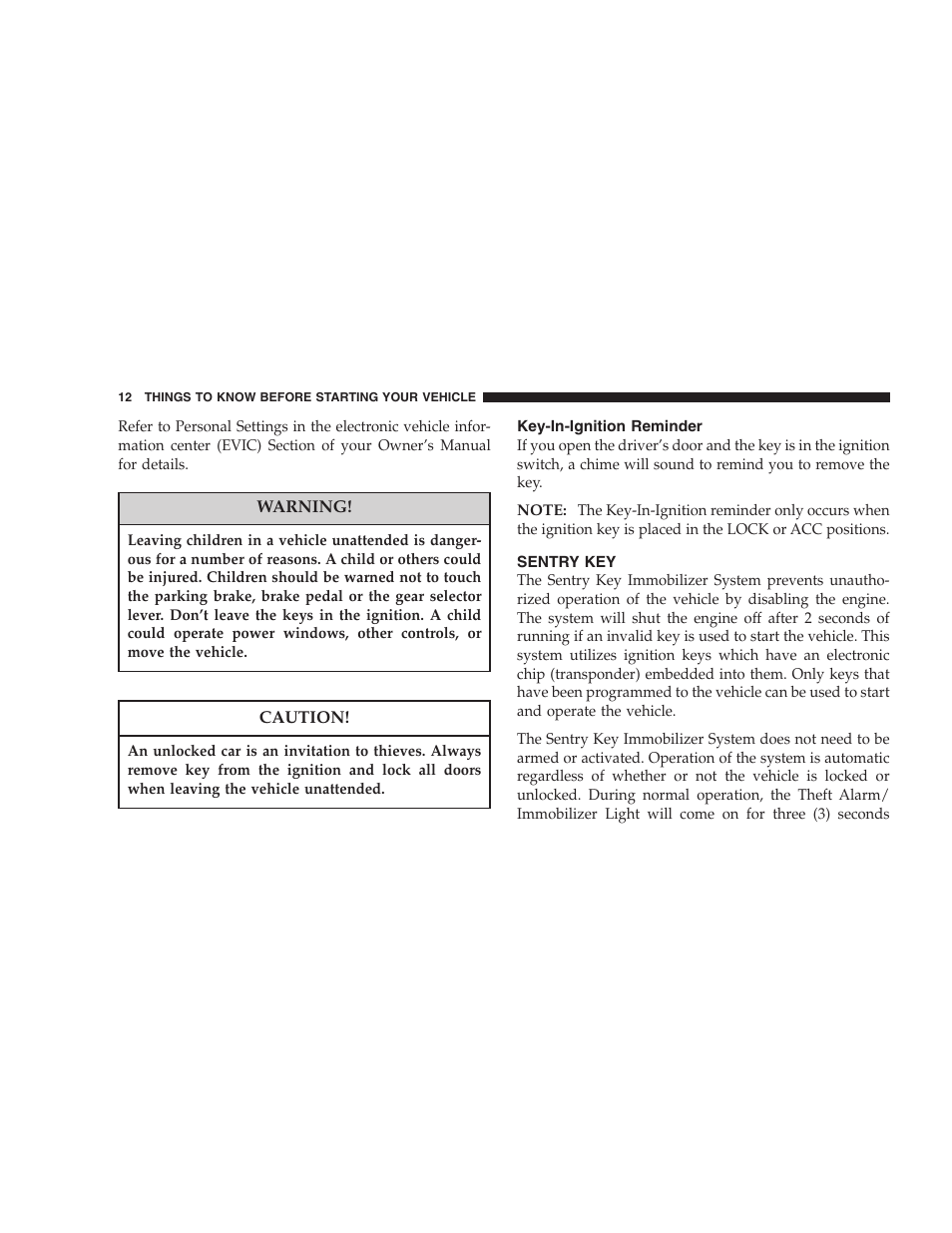Key-in-ignition reminder, Sentry key | Dodge 2005 LX Magnum User Manual | Page 12 / 368