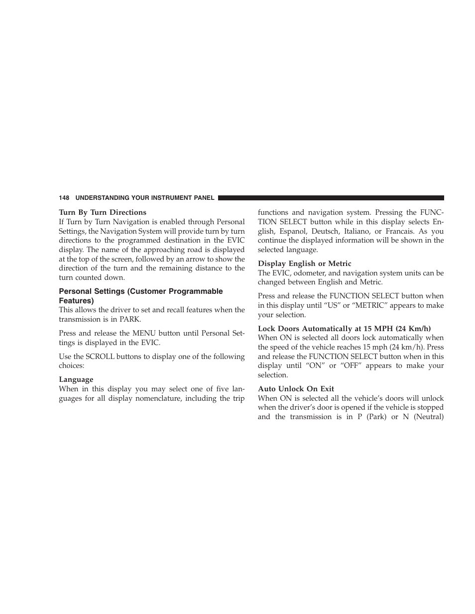 Personal settings (customer programmable, Features) | Dodge 2005 LX Magnum User Manual | Page 148 / 368