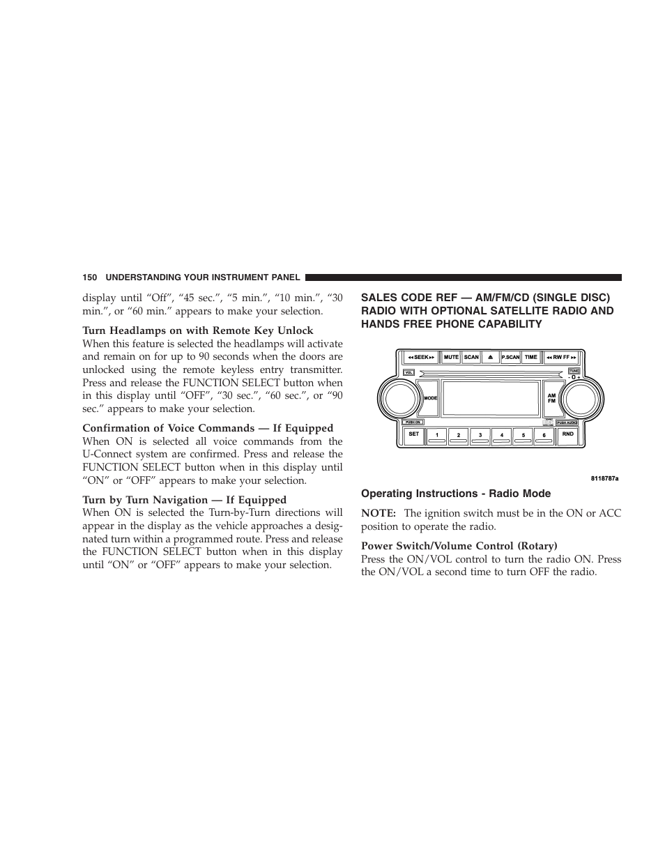 Sales code ref — am/fm/cd (single disc), Operating instructions - radio mode | Dodge 2005 LX Magnum User Manual | Page 150 / 368