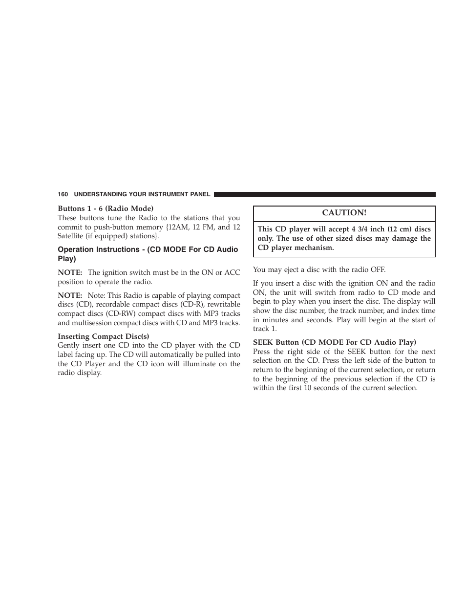 Operation instructions - (cd mode for, Cd audio play) | Dodge 2005 LX Magnum User Manual | Page 160 / 368