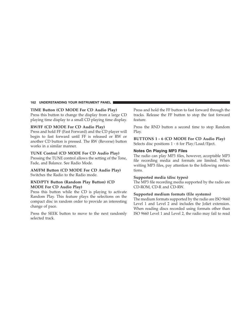 Notes on playing mp3 files | Dodge 2005 LX Magnum User Manual | Page 162 / 368