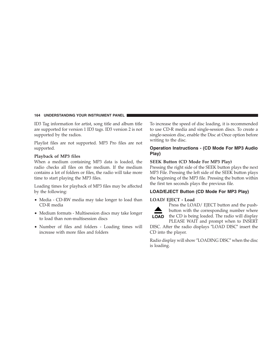 Operation instructions - (cd mode for, Mp3 audio play), Load/eject button (cd mode for mp3 play) | Dodge 2005 LX Magnum User Manual | Page 164 / 368