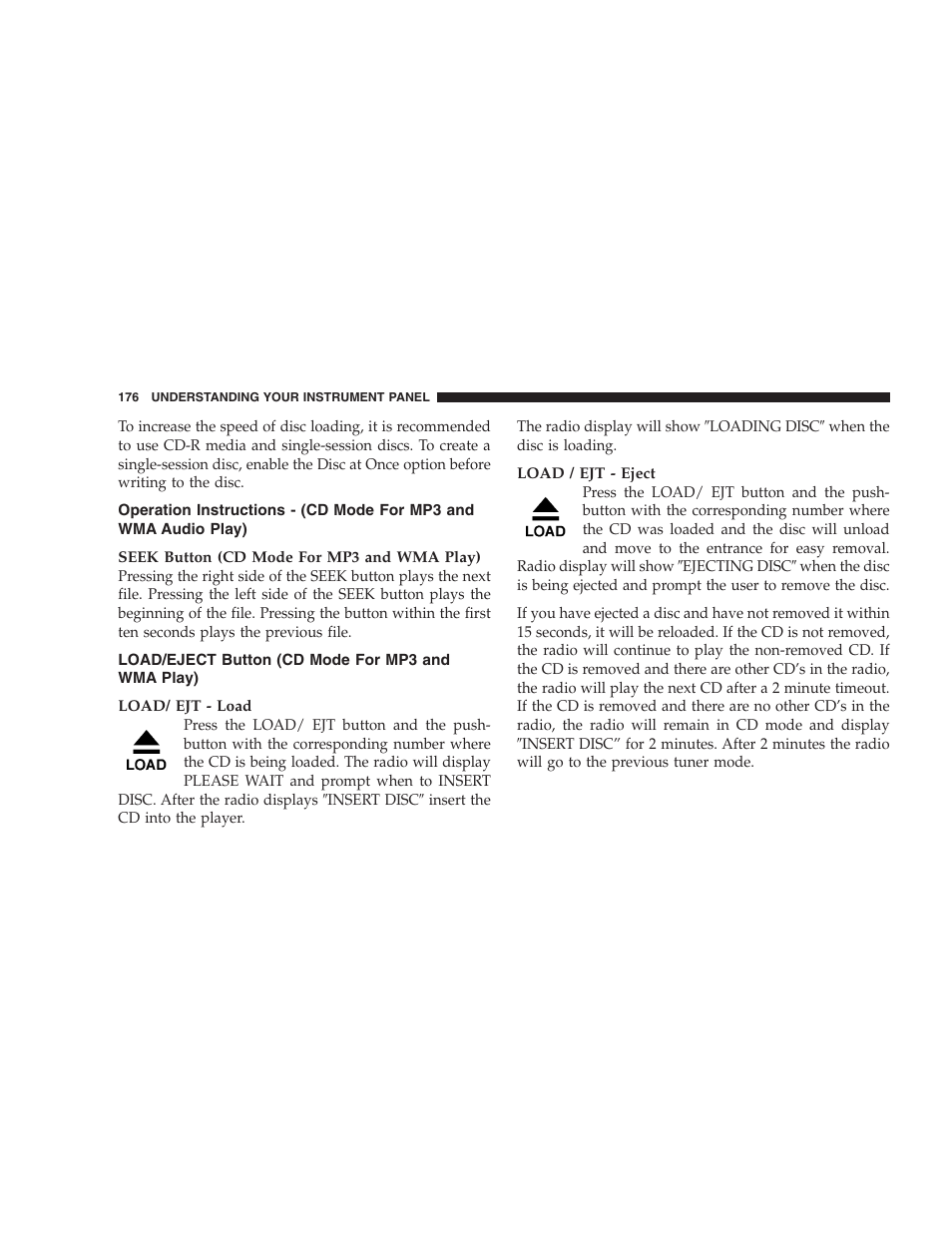 Operation instructions - (cd mode for, Mp3 and wma audio play), Load/eject button (cd mode for | Mp3 and wma play) | Dodge 2005 LX Magnum User Manual | Page 176 / 368