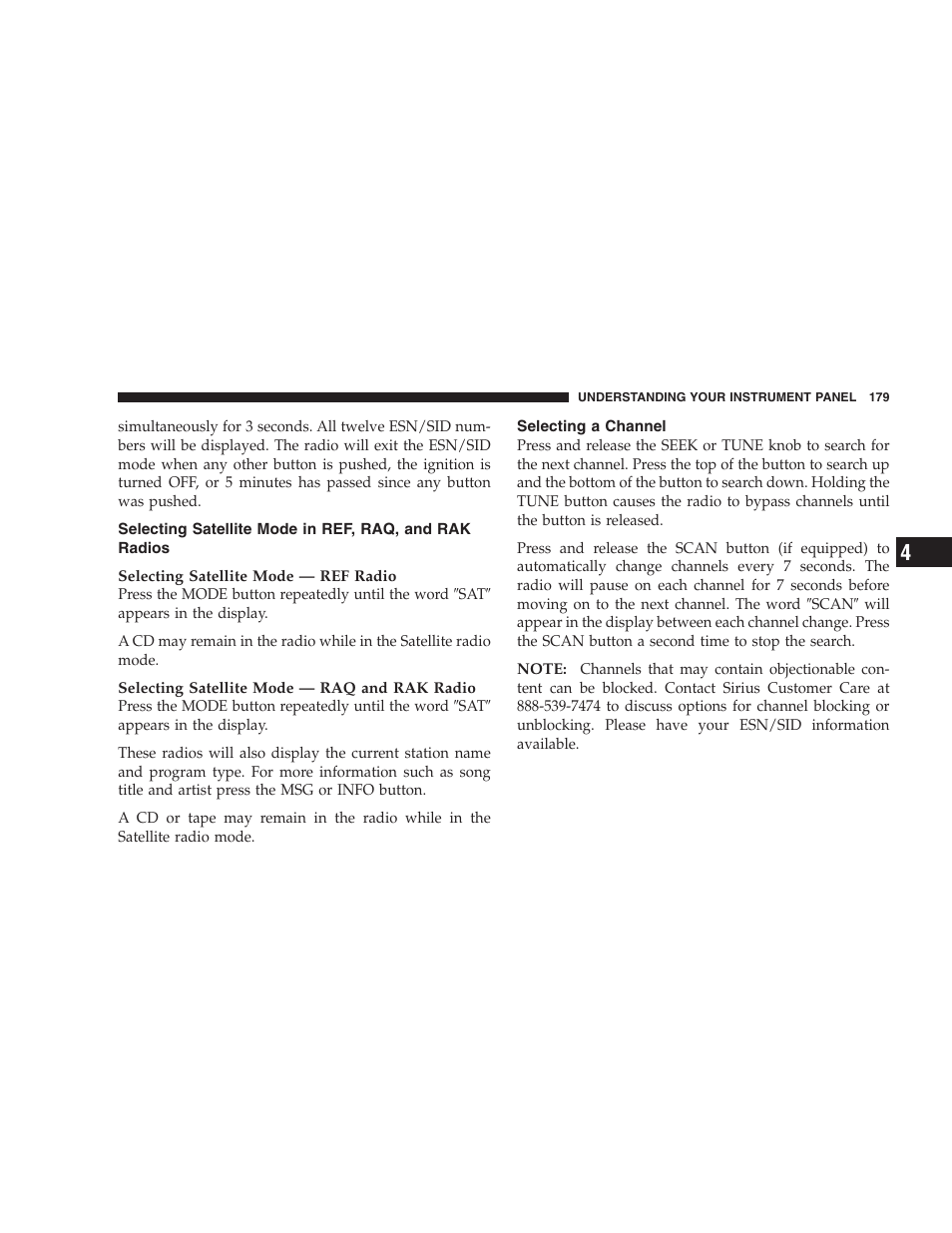 Selecting satellite mode in ref, raq, and, Rak radios, Selecting a channel | Dodge 2005 LX Magnum User Manual | Page 179 / 368