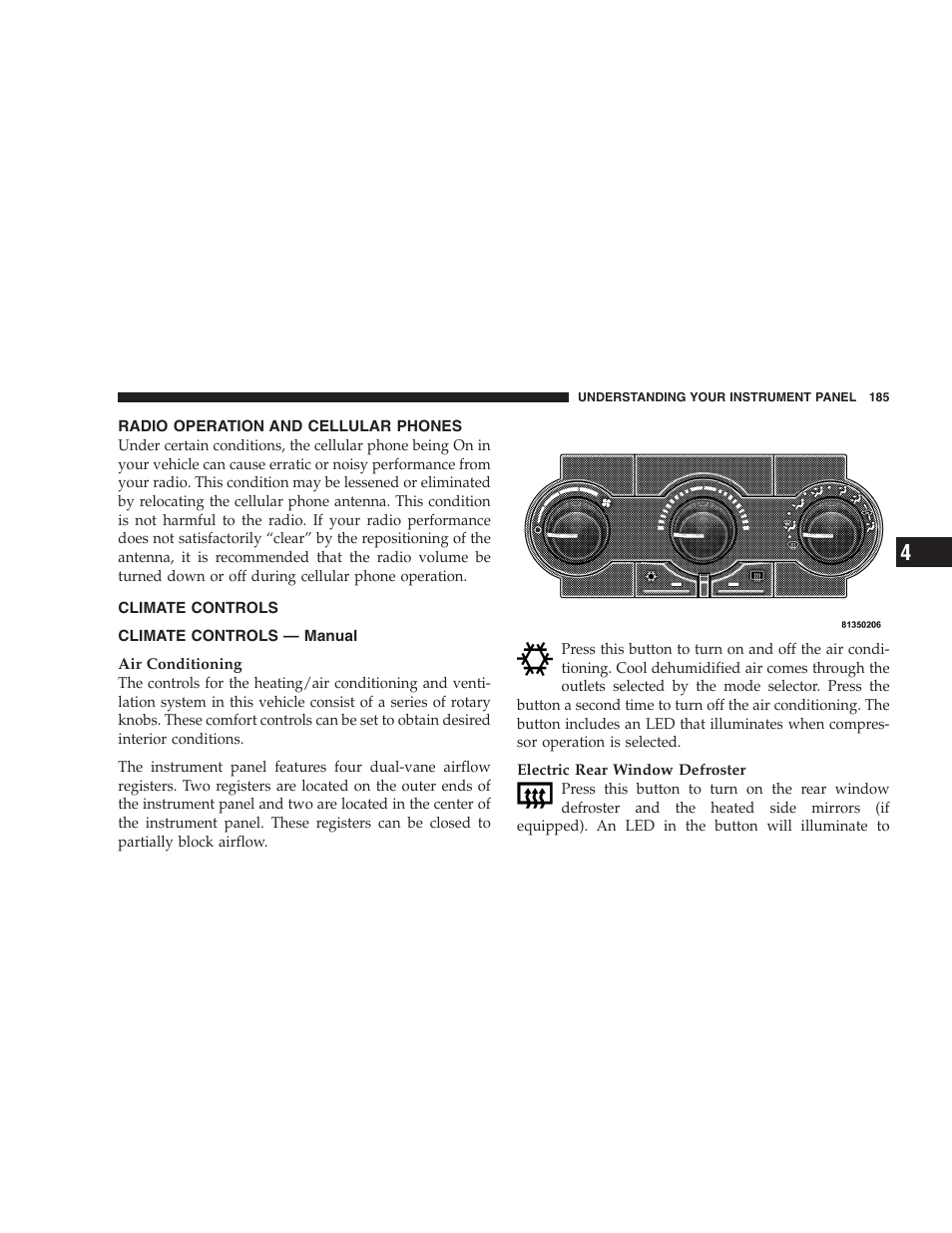 Radio operation and cellular phones, Climate controls, Climate controls — manual | Dodge 2005 LX Magnum User Manual | Page 185 / 368