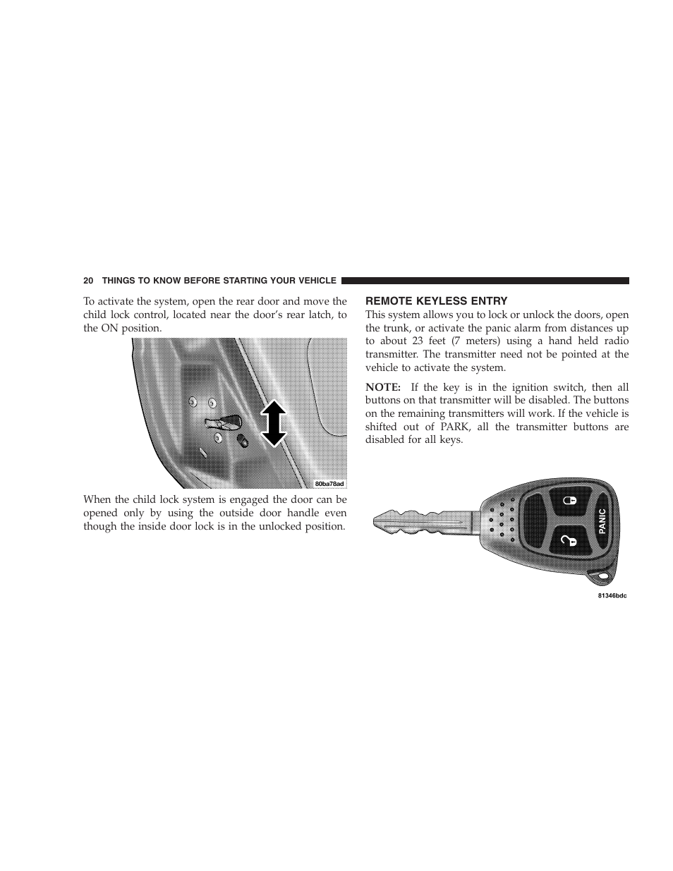 Remote keyless entry | Dodge 2005 LX Magnum User Manual | Page 20 / 368