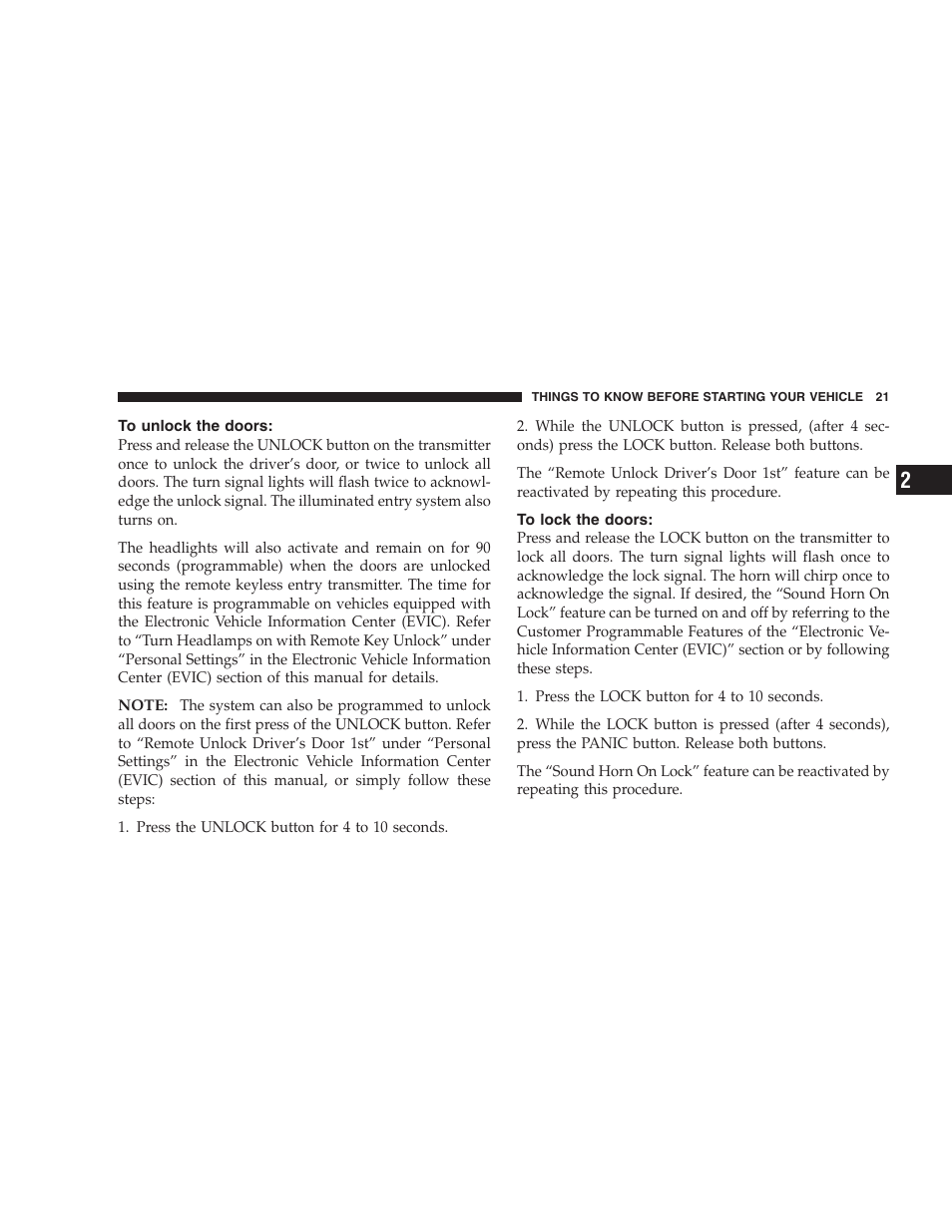 To unlock the doors, To lock the doors | Dodge 2005 LX Magnum User Manual | Page 21 / 368