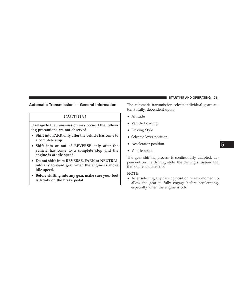 Automatic transmission — general, Information | Dodge 2005 LX Magnum User Manual | Page 211 / 368