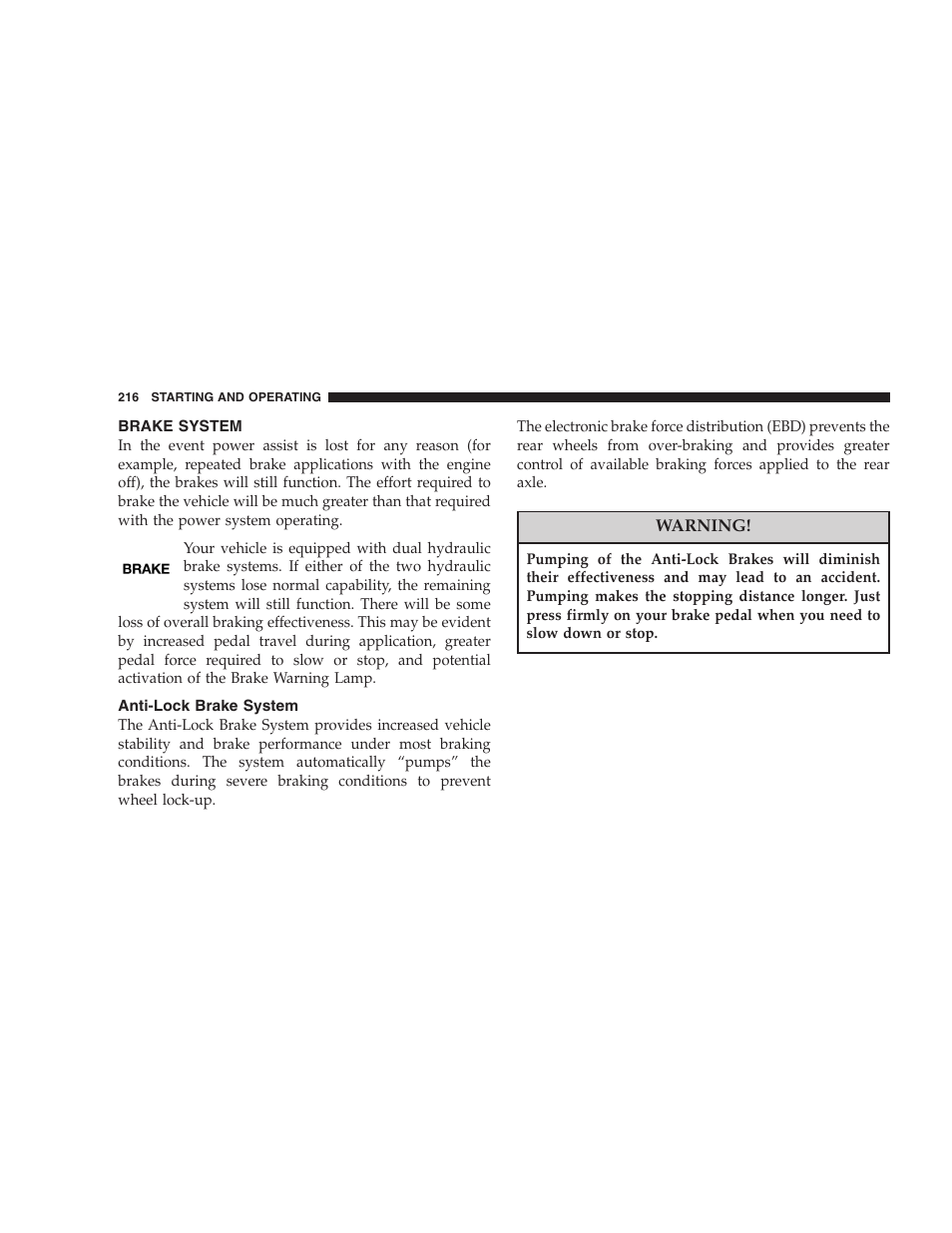 Brake system, Anti-lock brake system | Dodge 2005 LX Magnum User Manual | Page 216 / 368