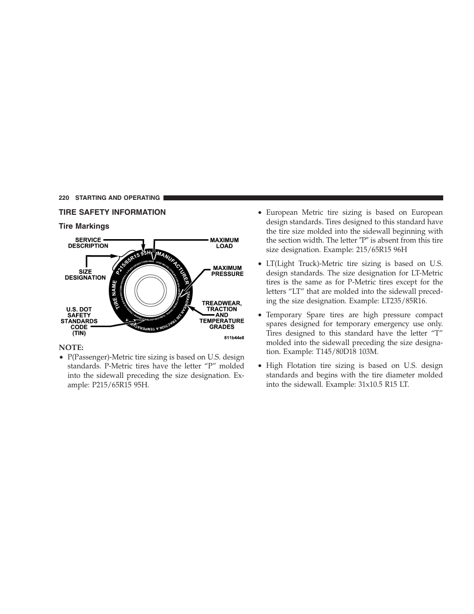 Tire safety information, Tire markings | Dodge 2005 LX Magnum User Manual | Page 220 / 368