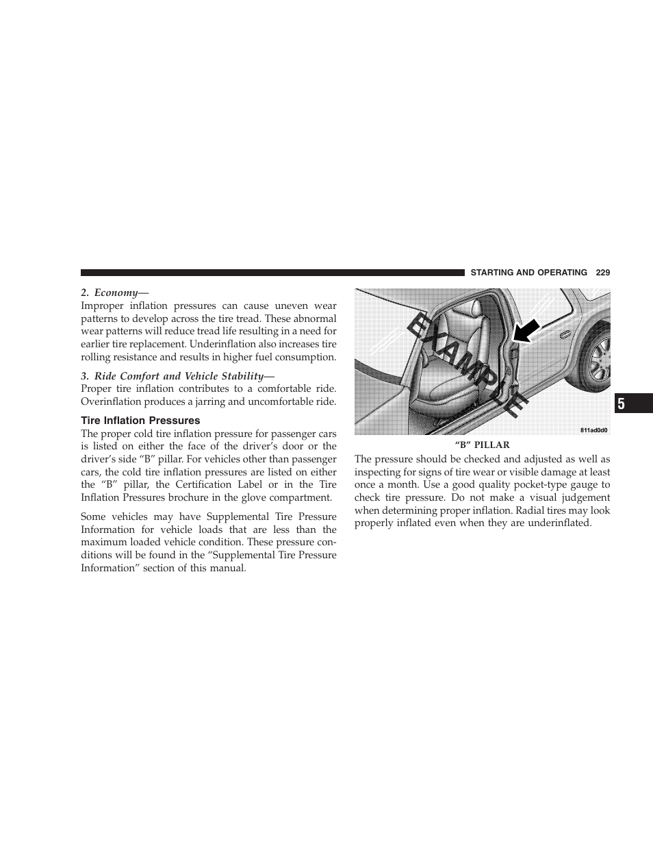 Tire inflation pressures | Dodge 2005 LX Magnum User Manual | Page 229 / 368