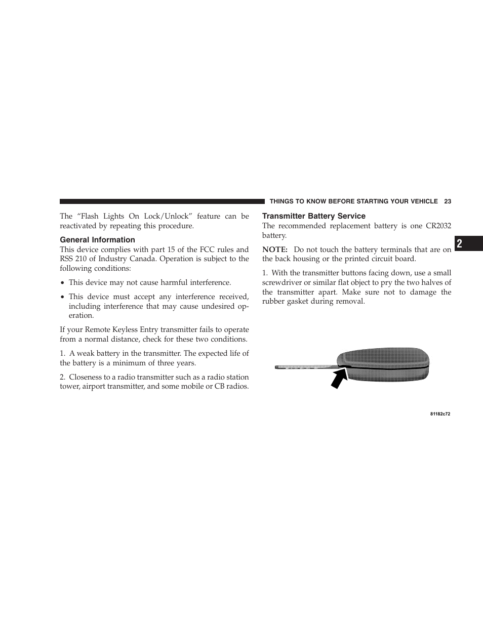 General information, Transmitter battery service | Dodge 2005 LX Magnum User Manual | Page 23 / 368