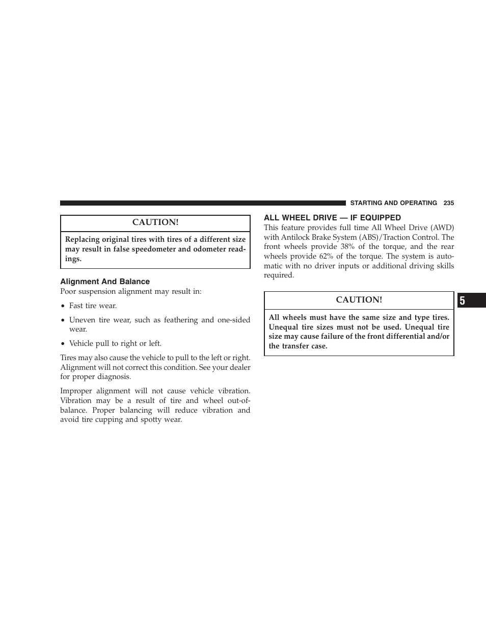 Alignment and balance, All wheel drive — if equipped | Dodge 2005 LX Magnum User Manual | Page 235 / 368