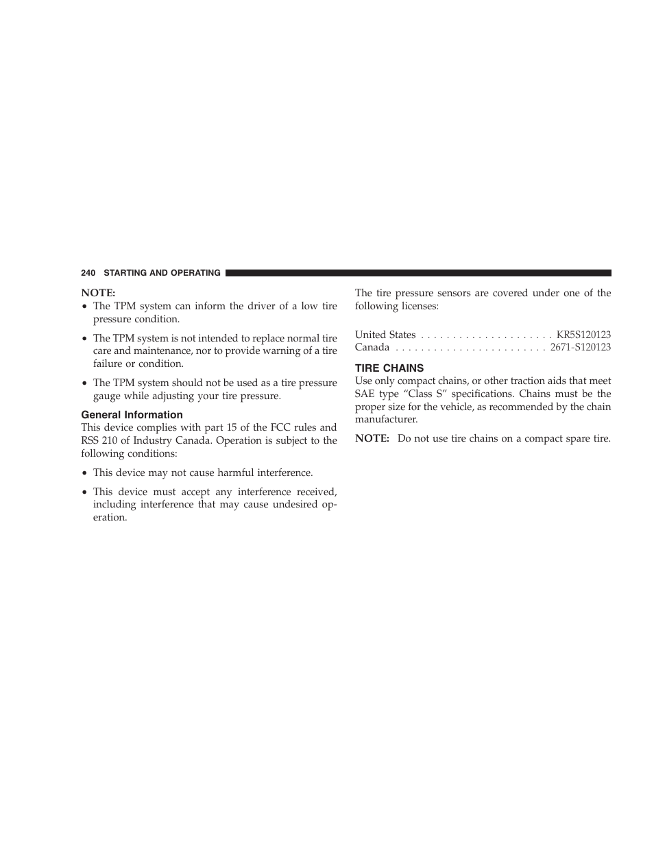 General information, Tire chains | Dodge 2005 LX Magnum User Manual | Page 240 / 368