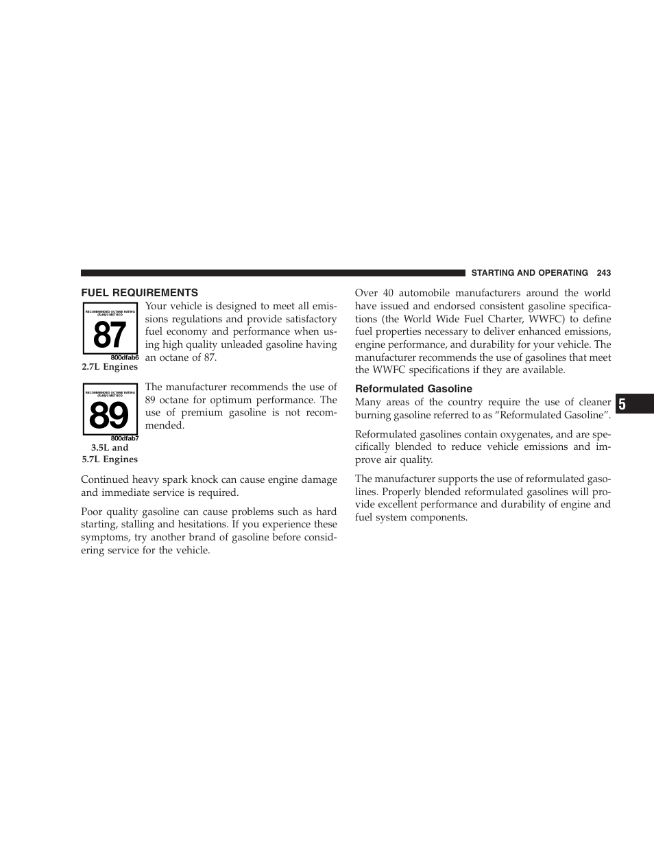 Fuel requirements, Reformulated gasoline | Dodge 2005 LX Magnum User Manual | Page 243 / 368