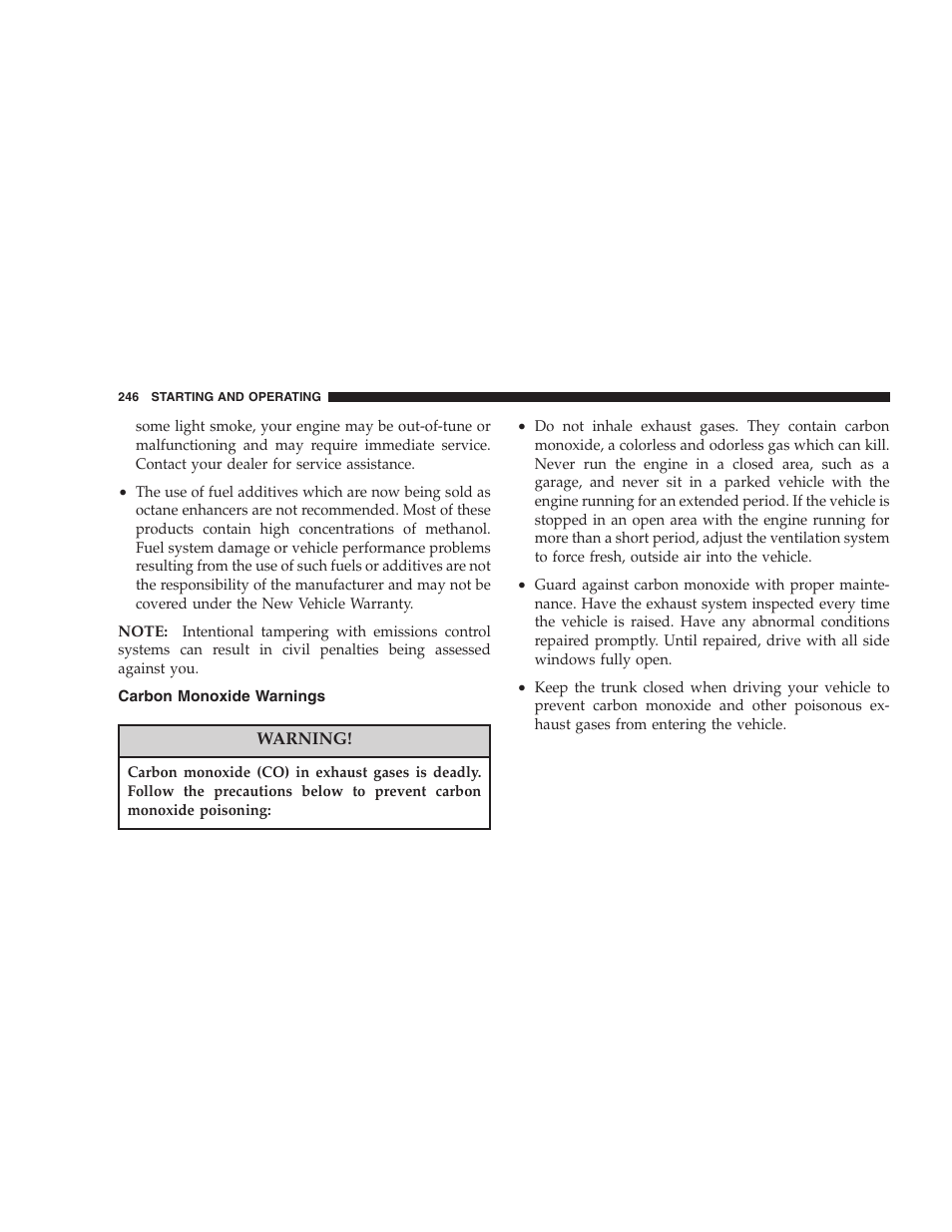 Carbon monoxide warnings | Dodge 2005 LX Magnum User Manual | Page 246 / 368