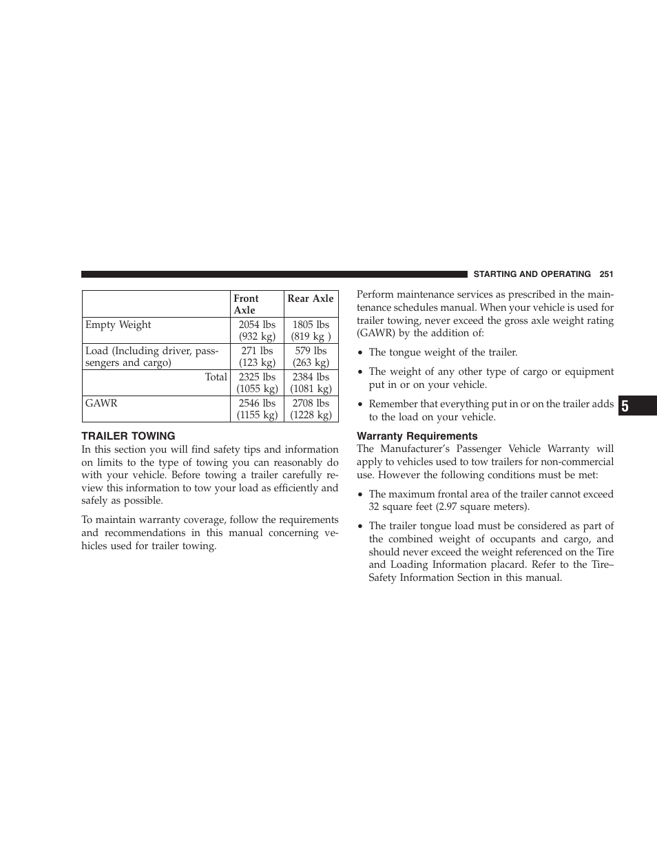 Trailer towing, Warranty requirements | Dodge 2005 LX Magnum User Manual | Page 251 / 368