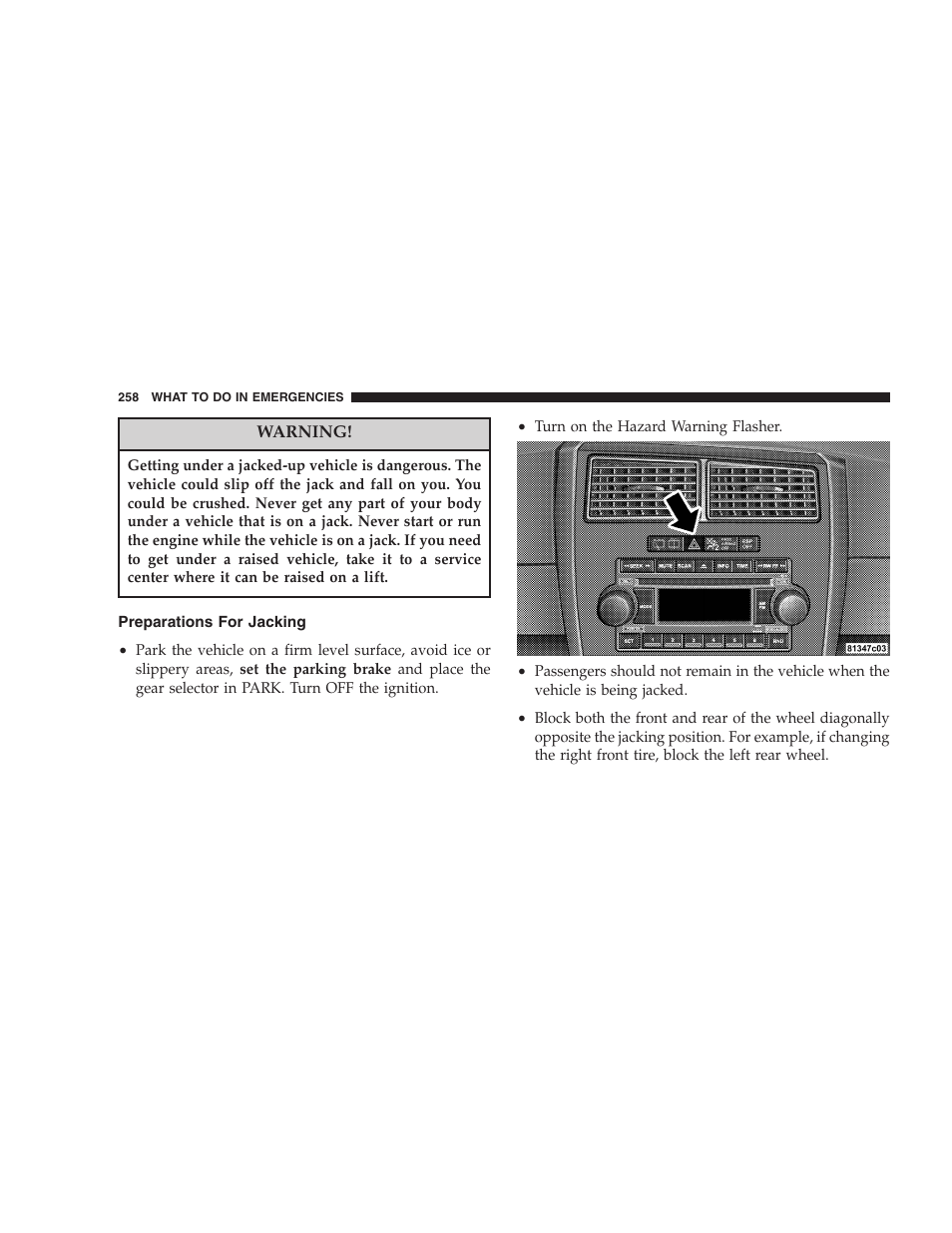 Preparations for jacking | Dodge 2005 LX Magnum User Manual | Page 258 / 368