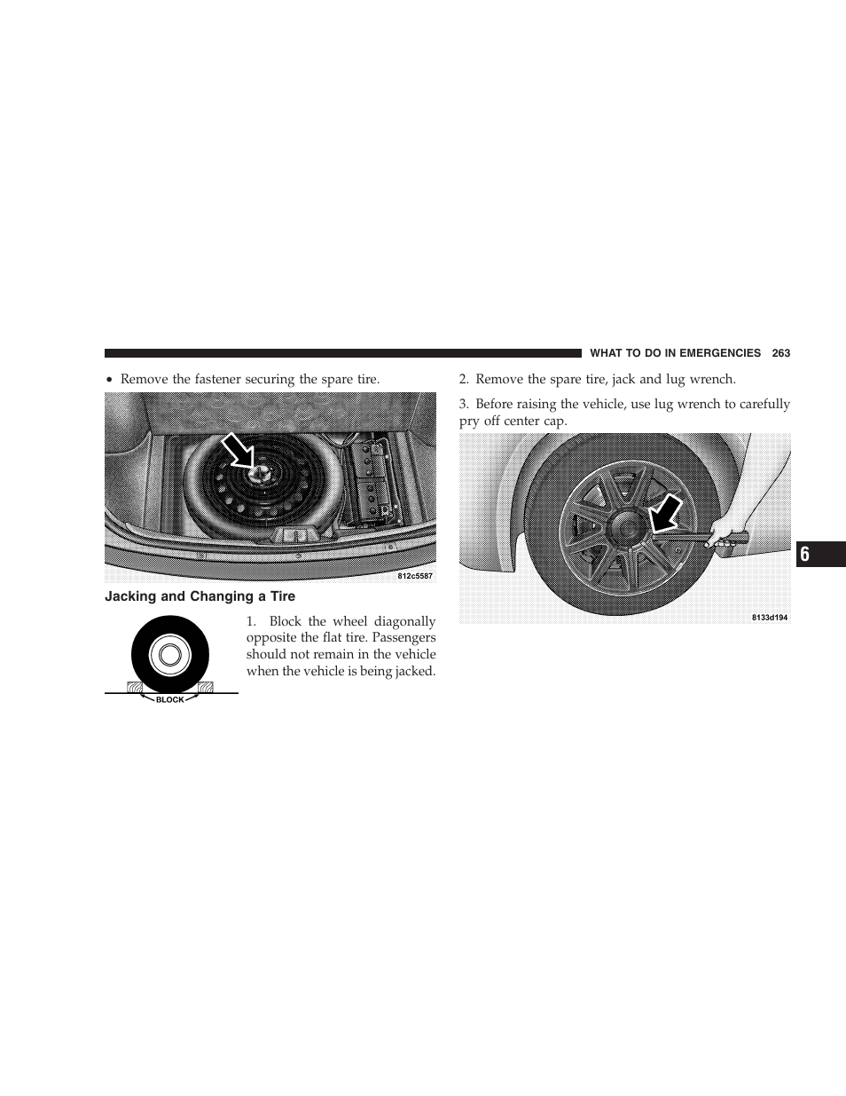 Jacking and changing a tire | Dodge 2005 LX Magnum User Manual | Page 263 / 368