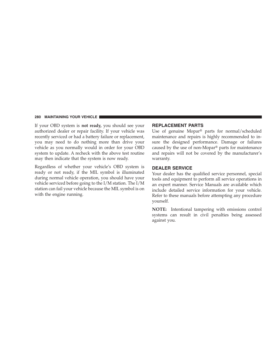 Replacement parts, Dealer service | Dodge 2005 LX Magnum User Manual | Page 280 / 368