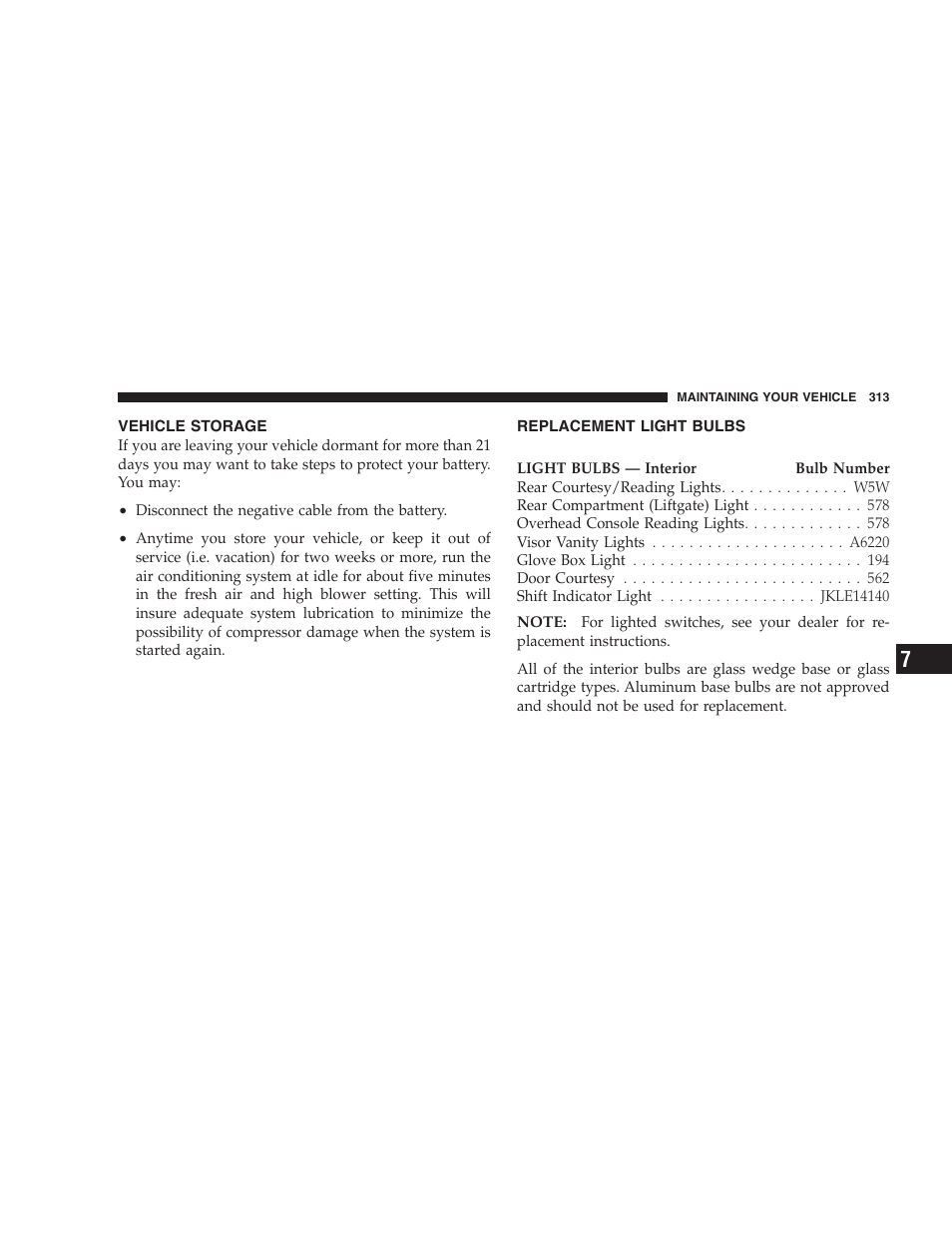 Vehicle storage, Replacement light bulbs | Dodge 2005 LX Magnum User Manual | Page 313 / 368