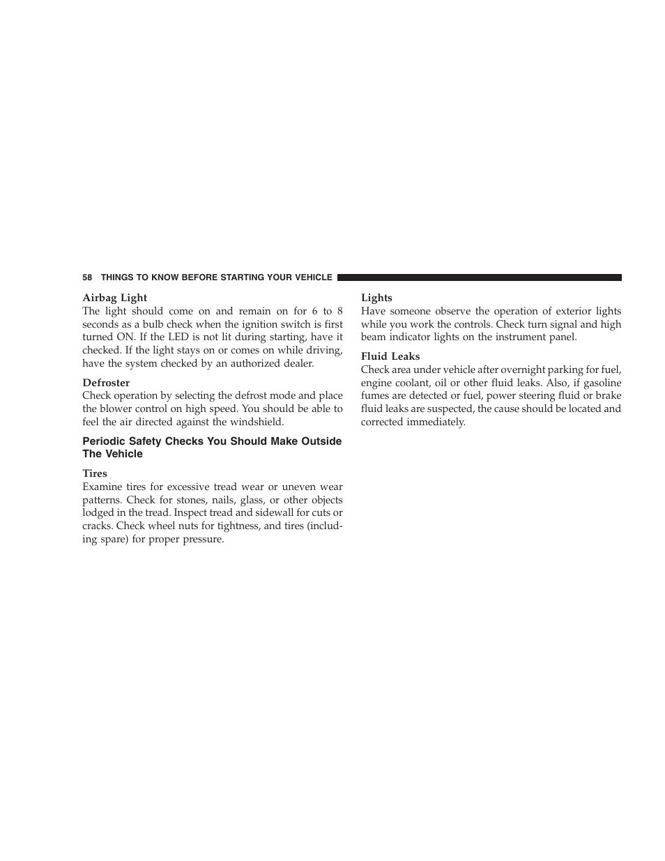 Periodic safety checks you should make, Outside the vehicle | Dodge 2005 LX Magnum User Manual | Page 58 / 368