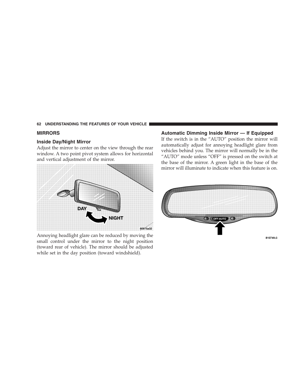 Mirrors, Inside day/night mirror, Automatic dimming inside mirror — if | Equipped | Dodge 2005 LX Magnum User Manual | Page 62 / 368