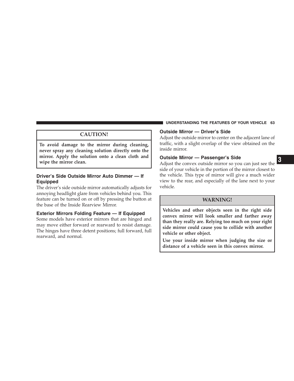 Driver’s side outside mirror auto dimmer — if, Equipped, Exterior mirrors folding feature — if | Outside mirror — driver’s side, Outside mirror — passenger’s side | Dodge 2005 LX Magnum User Manual | Page 63 / 368