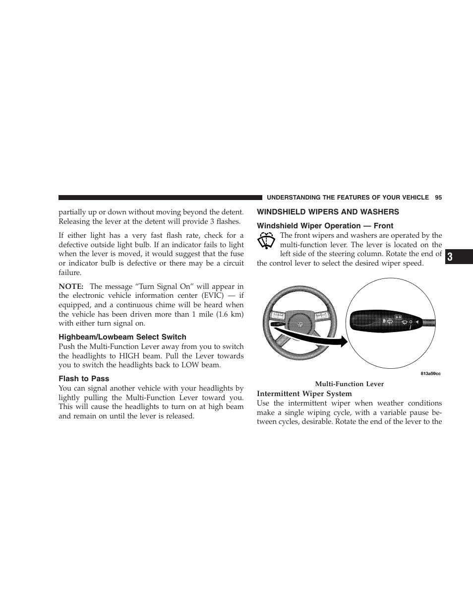 Highbeam/lowbeam select switch, Flash to pass, Windshield wipers and washers | Windshield wiper operation — front | Dodge 2005 LX Magnum User Manual | Page 95 / 368