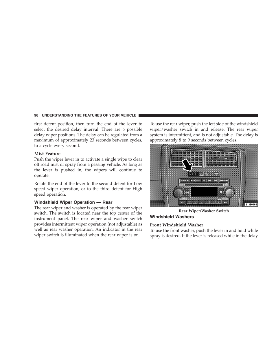 Windshield wiper operation — rear, Windshield washers | Dodge 2005 LX Magnum User Manual | Page 96 / 368