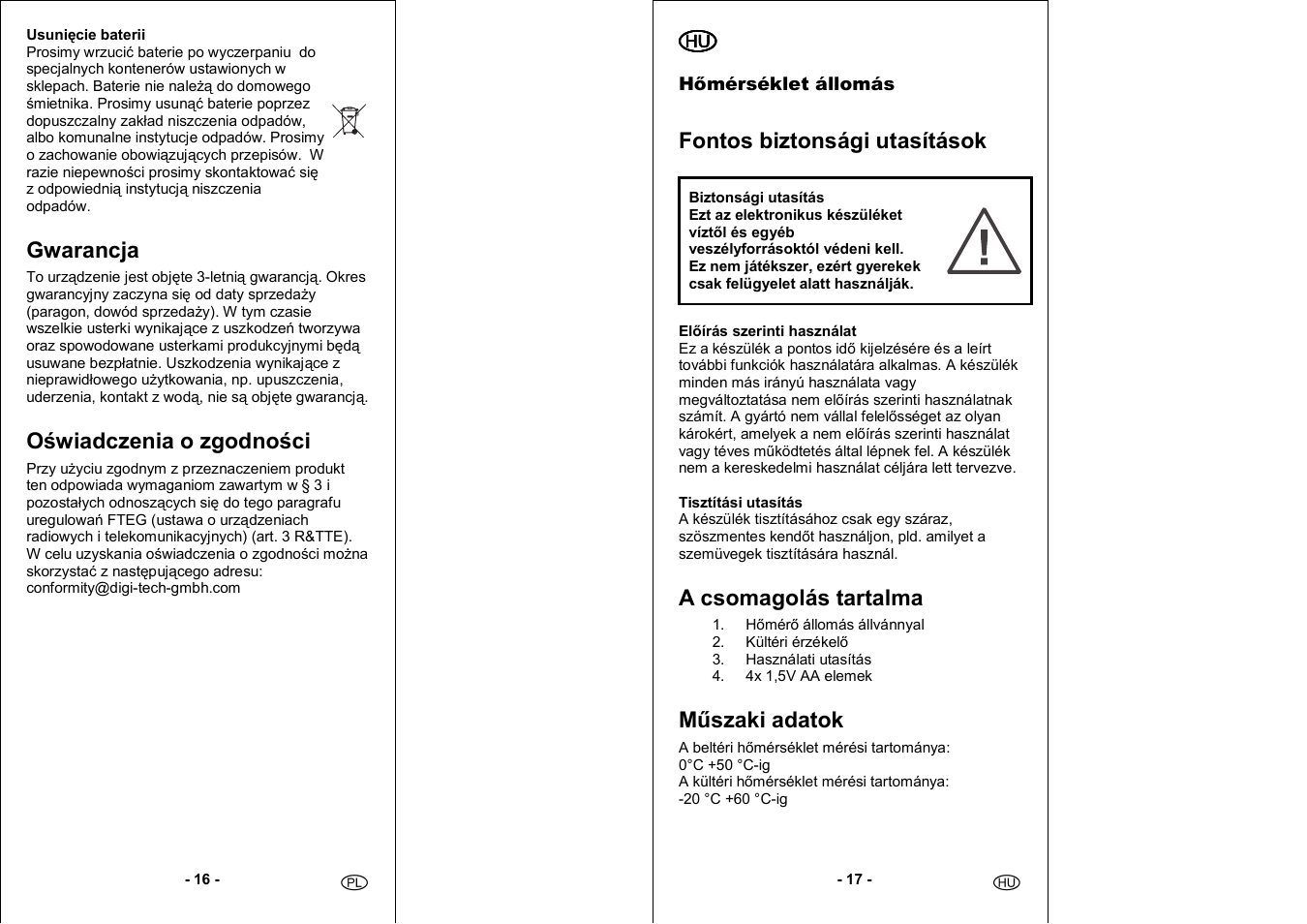 Gwarancja, Oświadczenia o zgodności, Fontos biztonsági utasítások | A csomagolás tartalma, Mőszaki adatok | Auriol 4-LD3030 User Manual | Page 10 / 27