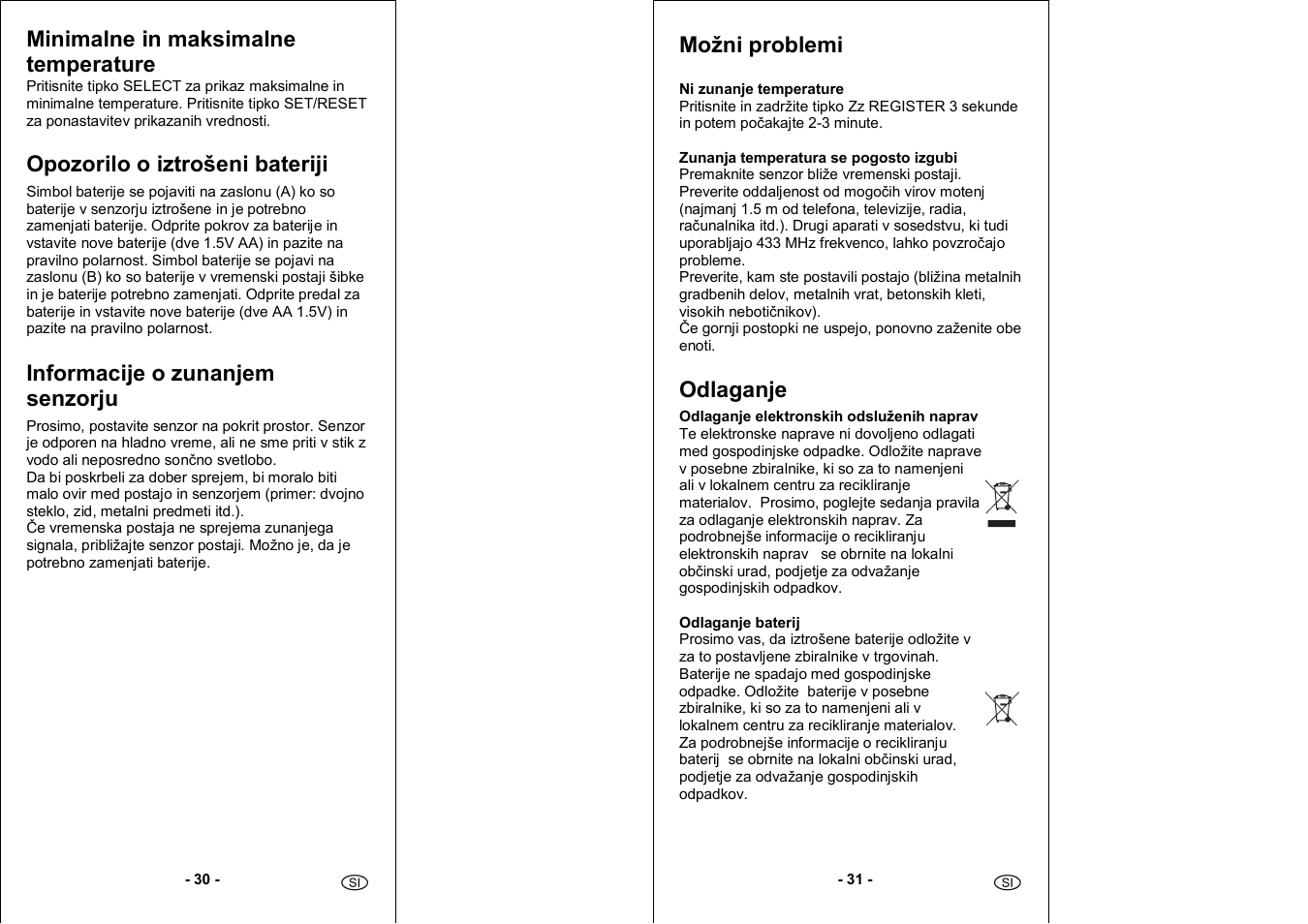 Minimalne in maksimalne temperature, Opozorilo o iztrošeni bateriji, Informacije o zunanjem senzorju | Možni problemi, Odlaganje | Auriol 4-LD3030 User Manual | Page 17 / 27