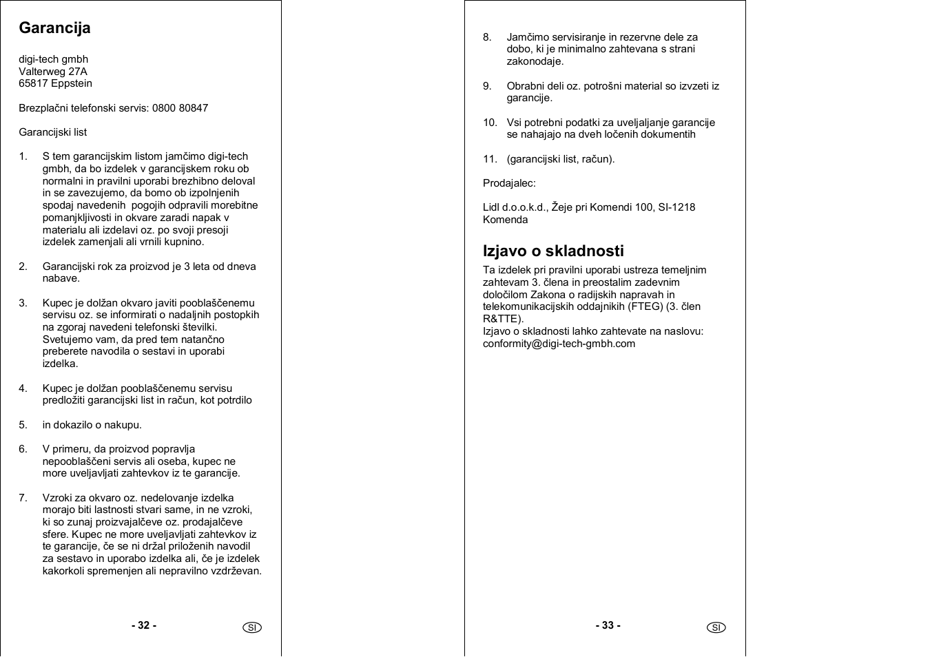 Garancija, Izjavo o skladnosti | Auriol 4-LD3030 User Manual | Page 18 / 27