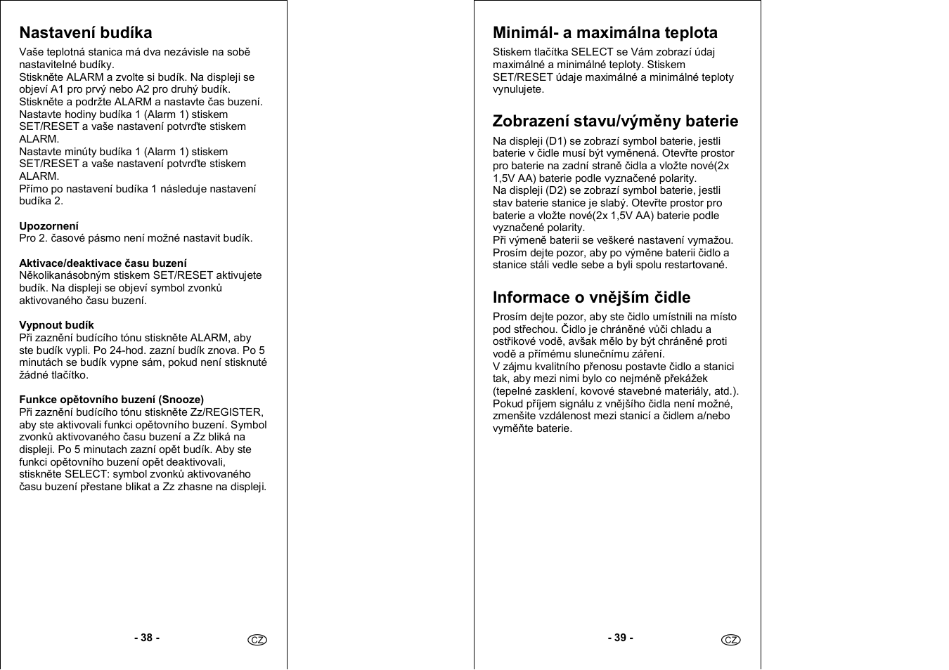 Nastavení budíka, Minimál- a maximálna teplota, Zobrazení stavu/výměny baterie | Informace o vnějším čidle | Auriol 4-LD3030 User Manual | Page 21 / 27